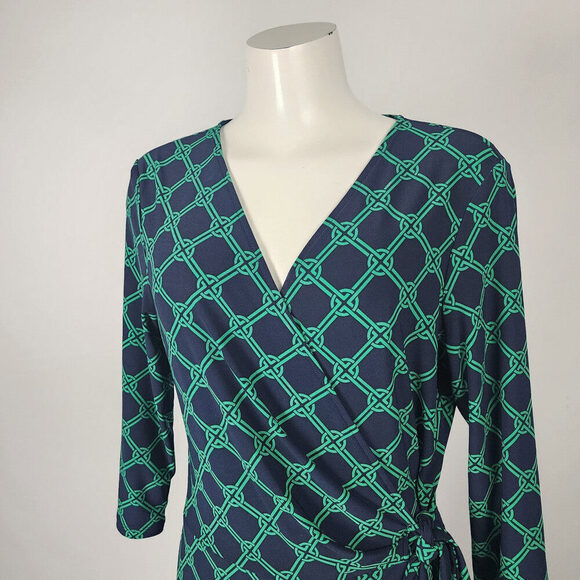 Chaps Navy & Green Faux Wrap Dress Size L - Picture 2 of 9